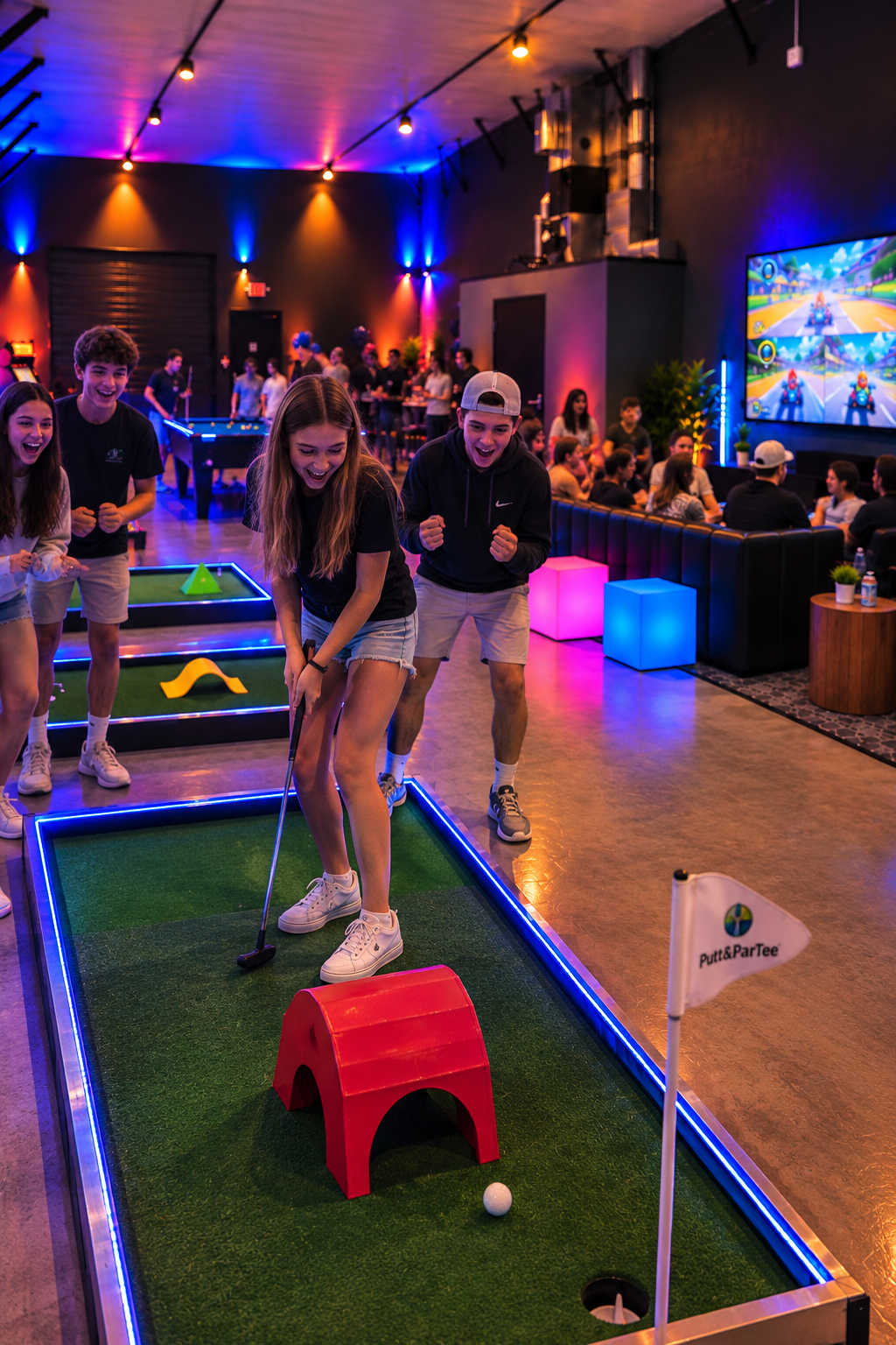 Friends cheering as a guest putts on the LED mini golf course inside the OMAGINE room
