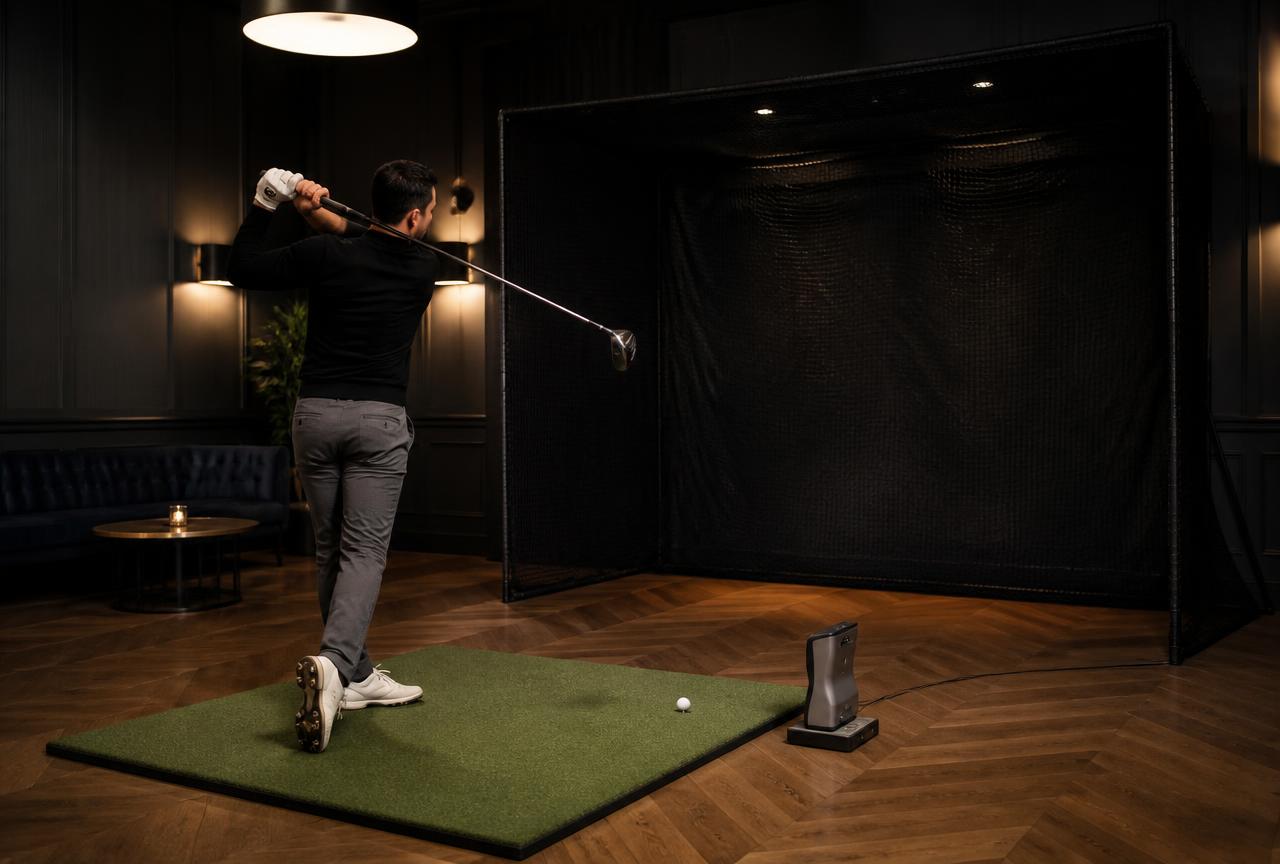 Hitting into the net on the portable golf simulator