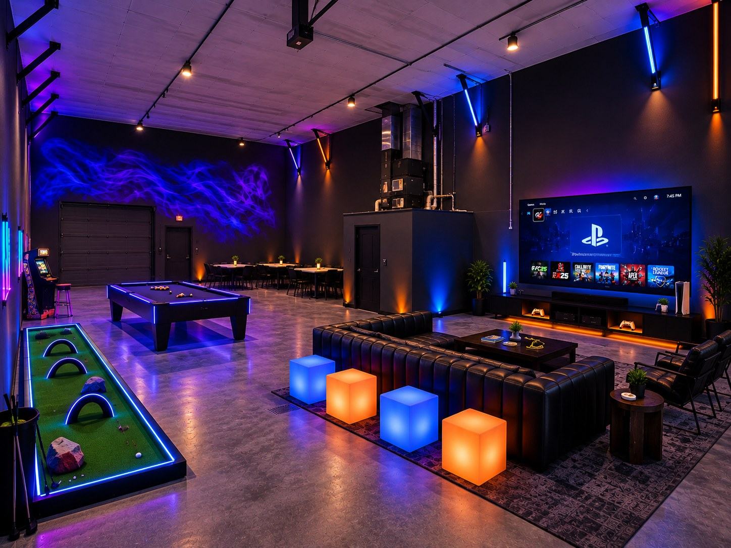 Concept rendering of the OMAGINE room with mini golf and the pool table lit