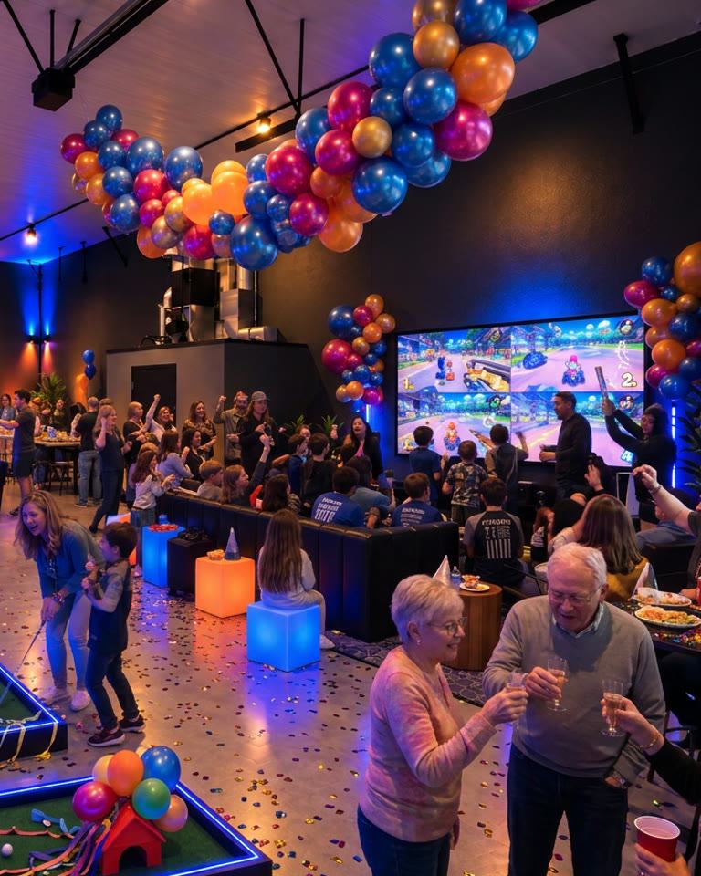 Concept rendering of a celebration across the OMAGINE room with balloons and confetti